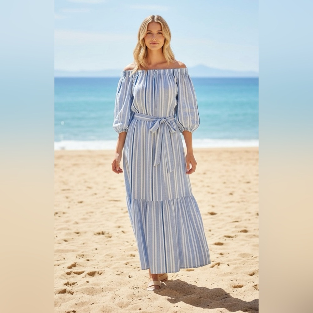 TOMMY BAHAMA Island Gauze Blue White Villa Solstice OTS Midi Dress XL NWT $178